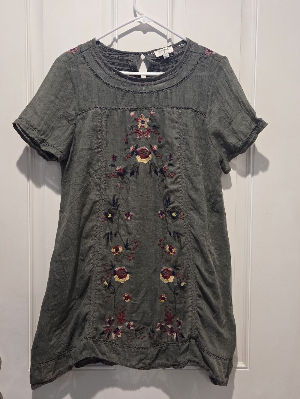 Umgee Boho Embroidered Green Floral Short Sleeve Dress Tunic Women's L